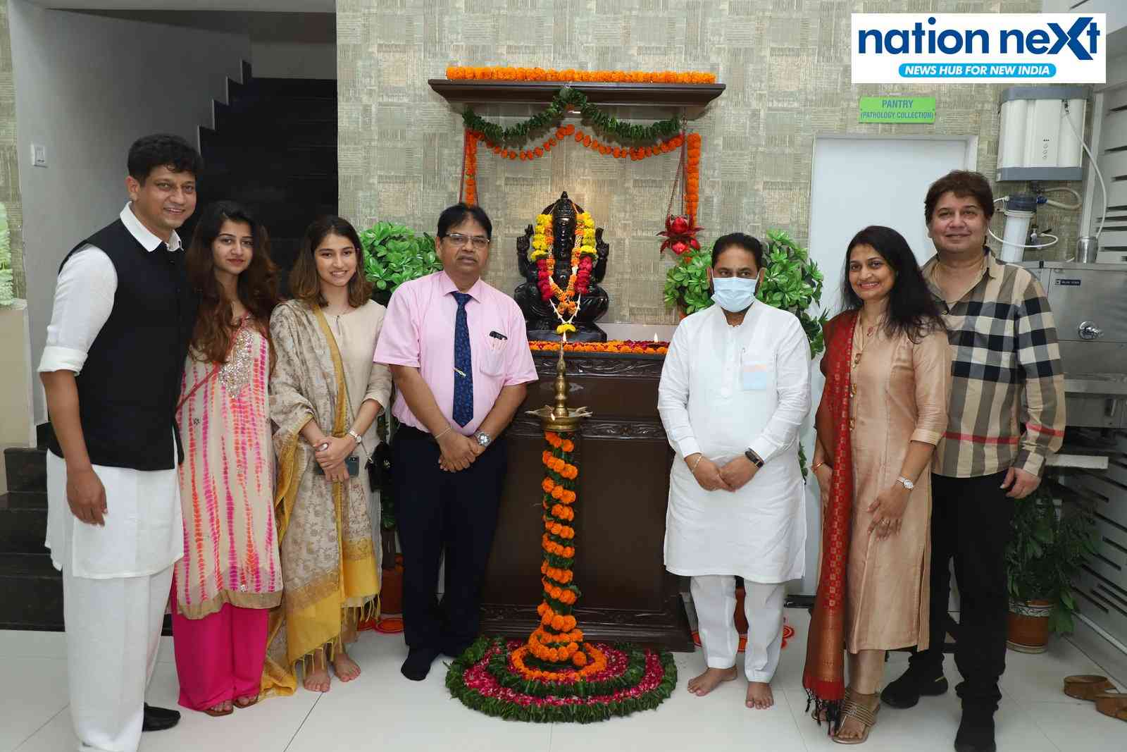 From left: Dr Major Shantanu, Noyonika, Niharika Mukerji with Dr Shankar Khobragade, Dr Nitin Raut, Dr Shilpa Mukerji and Sourav Mukerji during the inauguration of Advance Diagnostics Pathlab for COVID RT-PCR at Indora Square in Nagpur